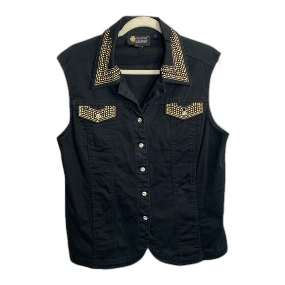 Christine Alexander XL Black Western Vest Rhinestone Studded Crystal Buttons - Picture 1 of 9